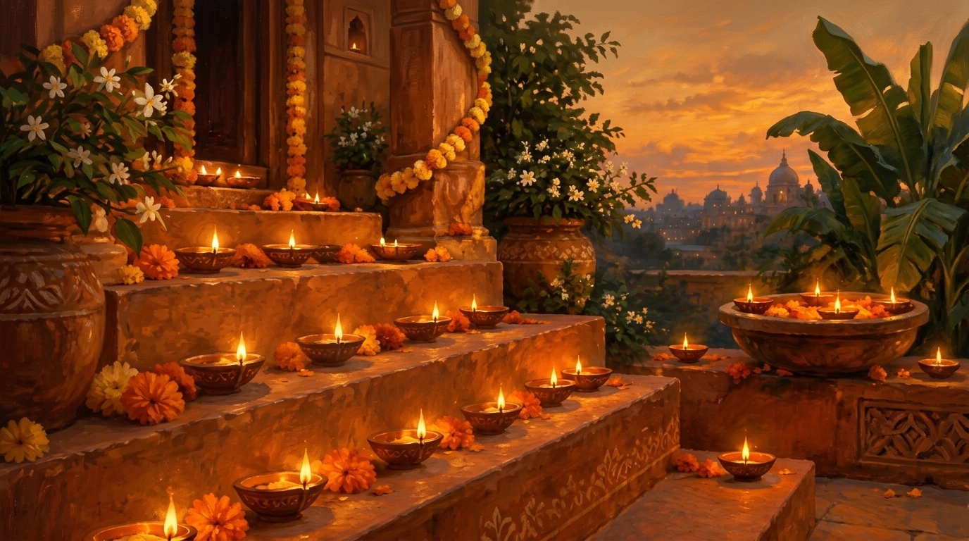 Diwali on ancient Indian sandstone ghat steps with glowing earthen diyas